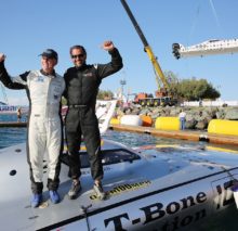 GOLD COAST, AUSTRALIA - AUGUST 22:  Giovanni Carpitella and Darren Nicholson of T-Bone Station celebrate winning the Dubai Duty Free Speed Cat Run on Day 1 of the Gold Coast GP - fourth round of the UIM XCAT World Series on August 22, 2024 in Gold Coast, Australia where 14 teams are competing. XCAT, short for extreme catamaran, is one of the most challenging and extreme forms of powerboat racing in the world. The XCAT World Series truly is a spectacle of speed, with teams of two taking each other on in two-engined carbon-fibre boats that tear around the course at speeds close to 200km per hour.  (Photo by Glenn Hunt/Getty Images for XCAT) *** Local Caption *** Giovanni Carpitella; Darren Nicholson