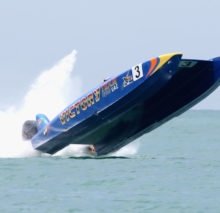 DUBAI, UNITED ARAB EMIRATES - APRIL 15:  Arif Al Zaffain and Nadir Bin Hendi of Victory Team race for pole position during the Dubai Grand Prix - the Second round of the UIM World Series where 14 boats are competing at the Dubai International Marine Club on April 15, 2024 in Dubai, United Arab Emirates. XCAT, short for extreme catamaran, is one of the most challenging and extreme forms of powerboat racing in the world.  (Photo by Warren Little/Getty Images for XCAT)